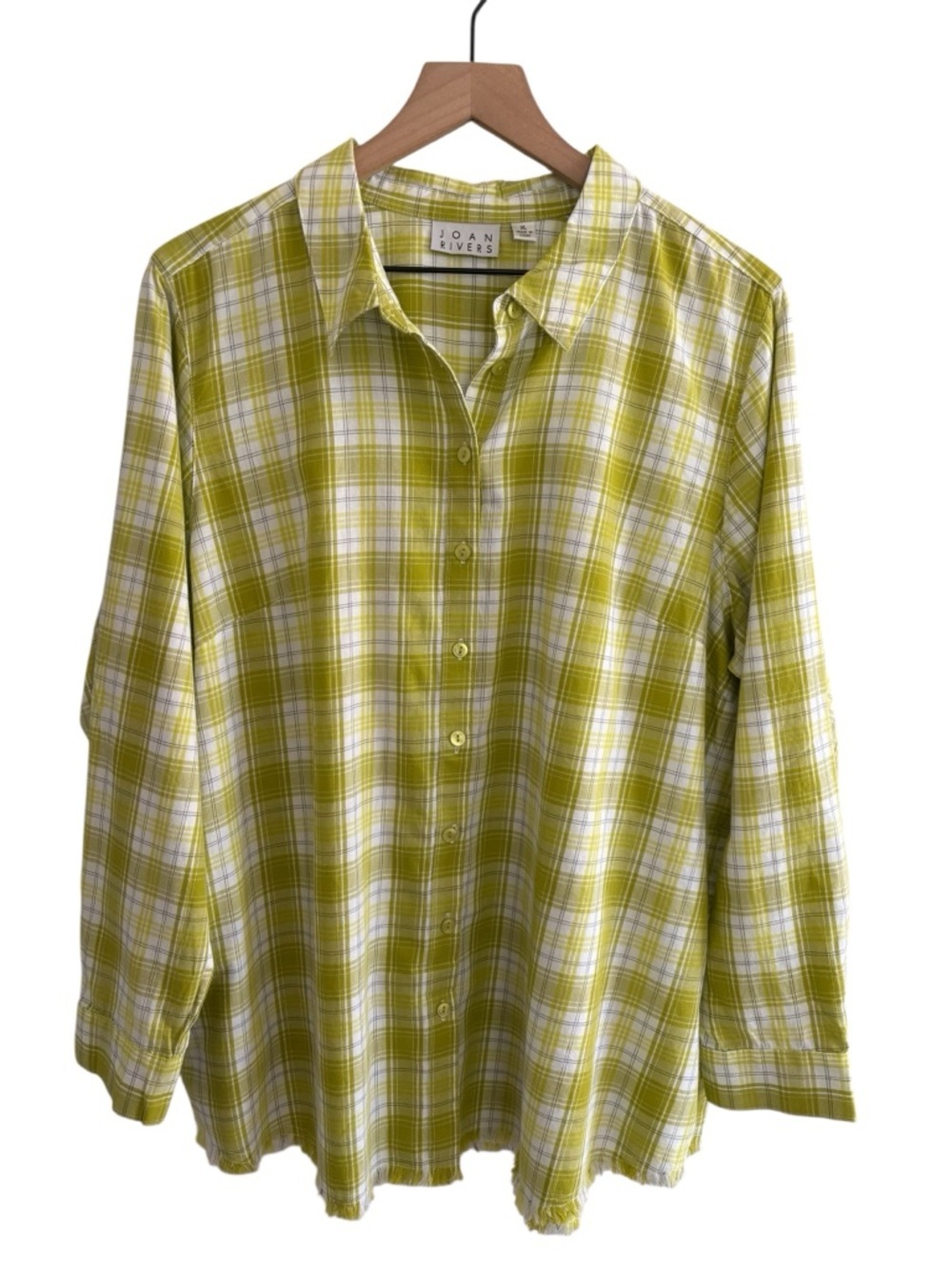 Joan Rivers XL Plaid Button-Up Shirt Fringe Hem Roll Tab Sleeves Pockets Cotton